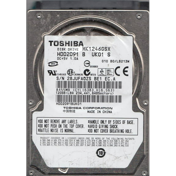 MK1246GSX, B0/LB213M, HDD2D91 B UK01 S, Toshiba 120GB SATA 2.5 Hard Drive