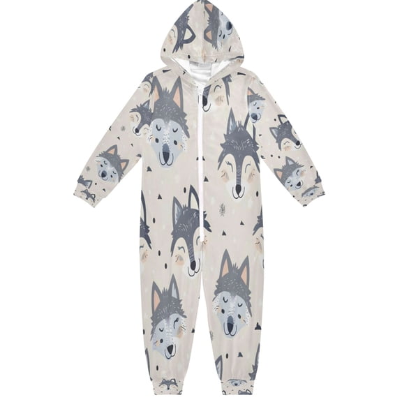 Soft and Comfortable One-Piece Pajamas Jumpsuits Gray Cartoon Wolf Face