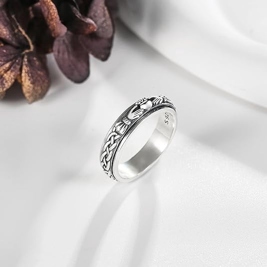 Claddagh Fidget Spinner Rings 925 Sterling Silver Celtic Knot Anxiety Ring Eternity Love Irish Claddagh Jewelry Gifts for Women Men Mom Wife (Size 7)