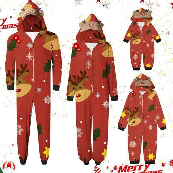 Odeerbi Christmas Onesie Pajamas for Family Holiday Sleep Jumpsuit Long Sleeve Family Christmas Pajamas Matching Sets Dad Printed Loungewear Jumpsuit Sleepwear Xmas PJs Set Red