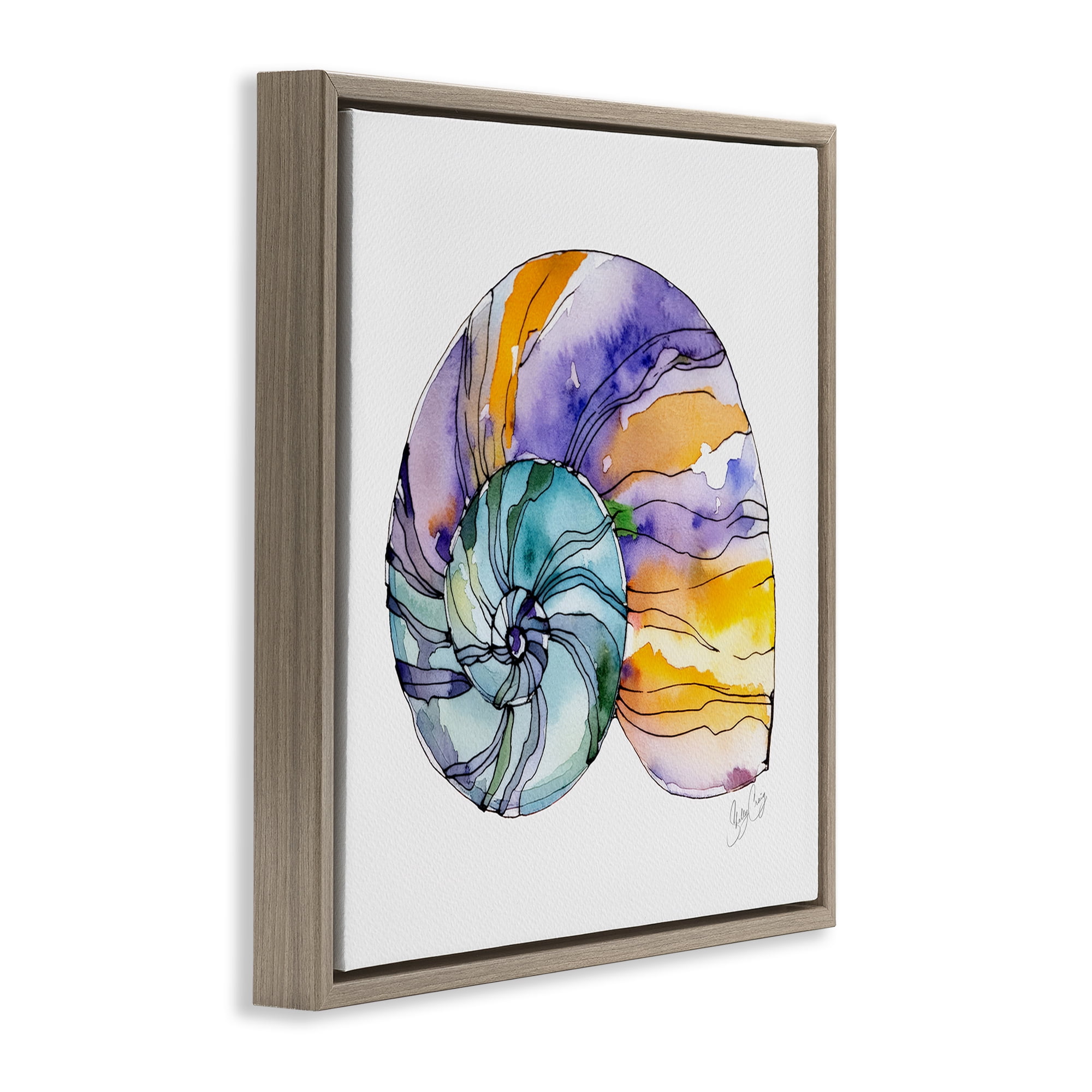 Stupell Industries Sunlit Striped Nautilus Brown Framed Floater Canvas Wall Art, design by Shelly Craig