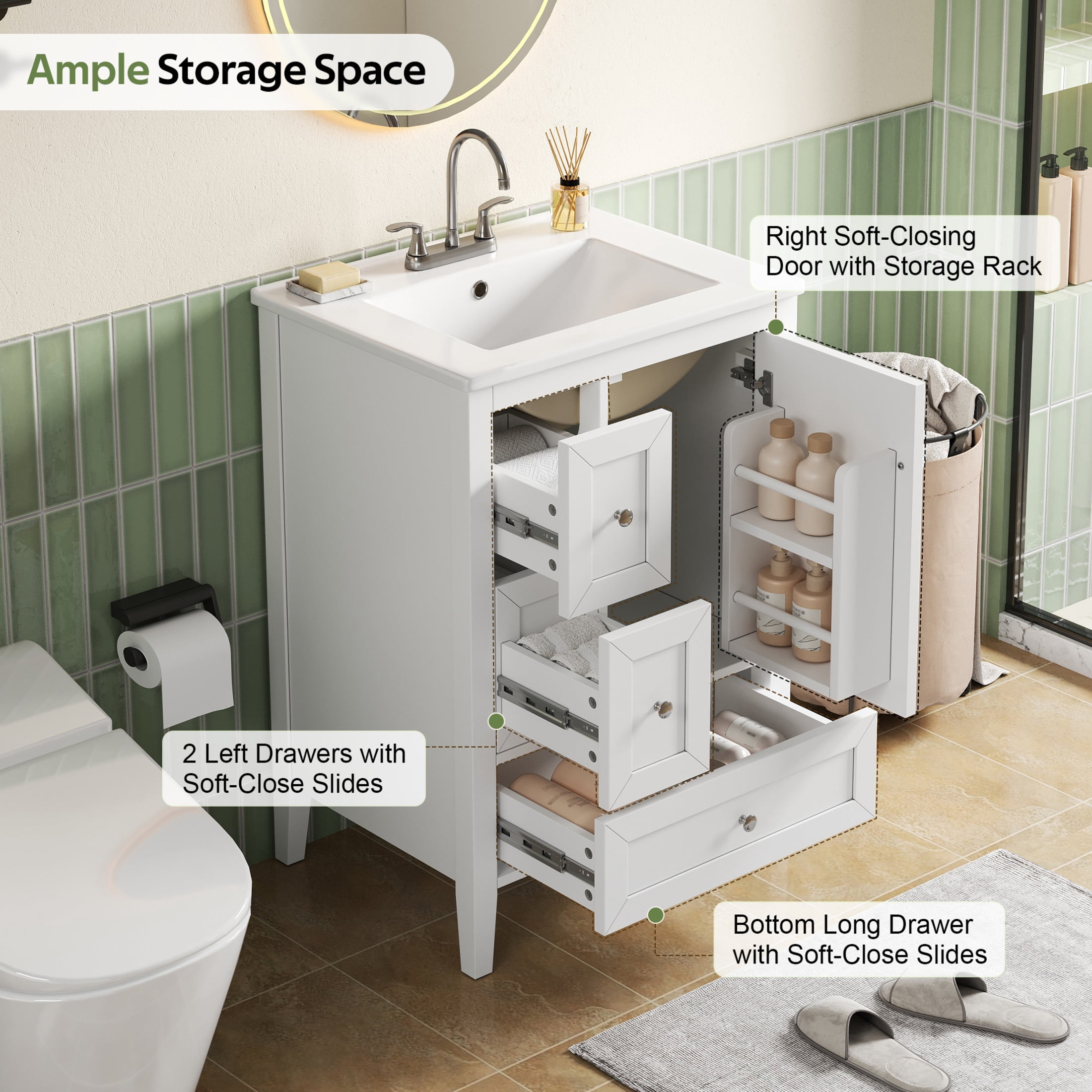 Christopher Knight Home 24" Modern Bathroom Vanity with Sink, Soft-Close Drawers and Door, White