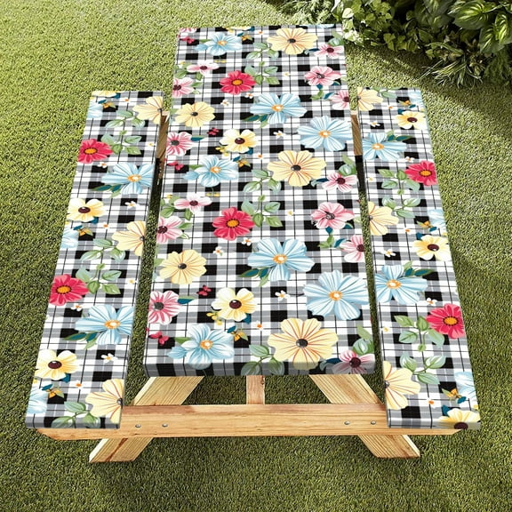 Pbobriich Floral Table Cover with Bench Cover,Black Plaid Waterproof Elastic Fitted Tablecloth,Washable,30"x72"