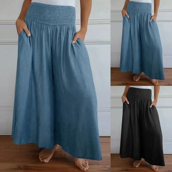 Fengqque Womens Elastic High Waisted Palazzo Pants Plus Size Wide Leg Long Lounge Pant Trousers with Pocket Blue XL(XL)