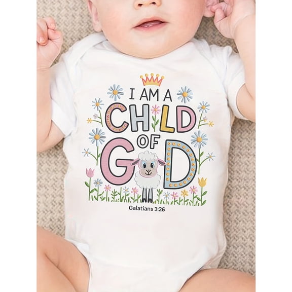 Girl's Baby Romper "I AM A CHILD OF GOD" with Lamb Cartoon Print, Cute Short-Sleeve Crawling Suit for Newborns, Perfect for Outdoor
