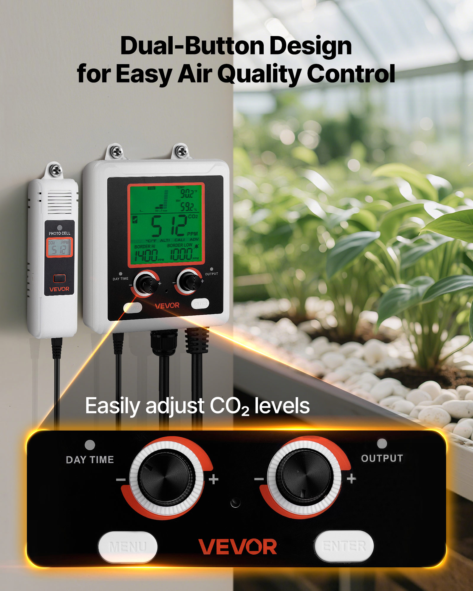 VEVOR Carbon Dioxide Monitoring Controller, Dual Outlets Carbon Dioxide Controller, CO2 Meter Monitor Day and Night Detection Feature, NDIR CO2 Sensor for Green House, Laboratories, Classrooms, Home