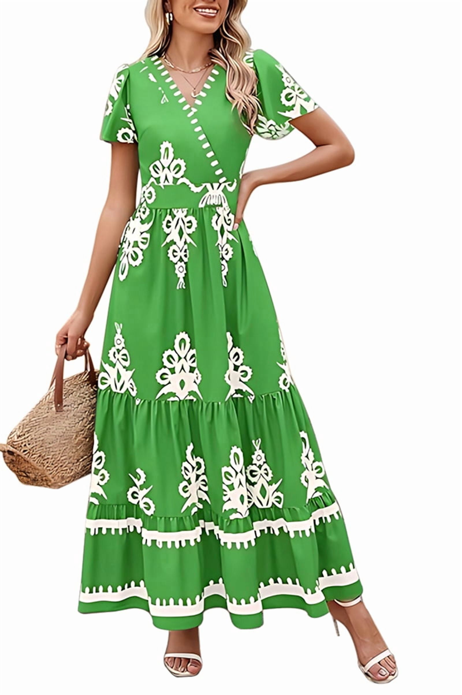 Womens 2025 Summer Casual V Neck Boho Maxi Dress Flowy Aline Bell Sleeve Tiered Floral Dresses with Pocket Green XXL