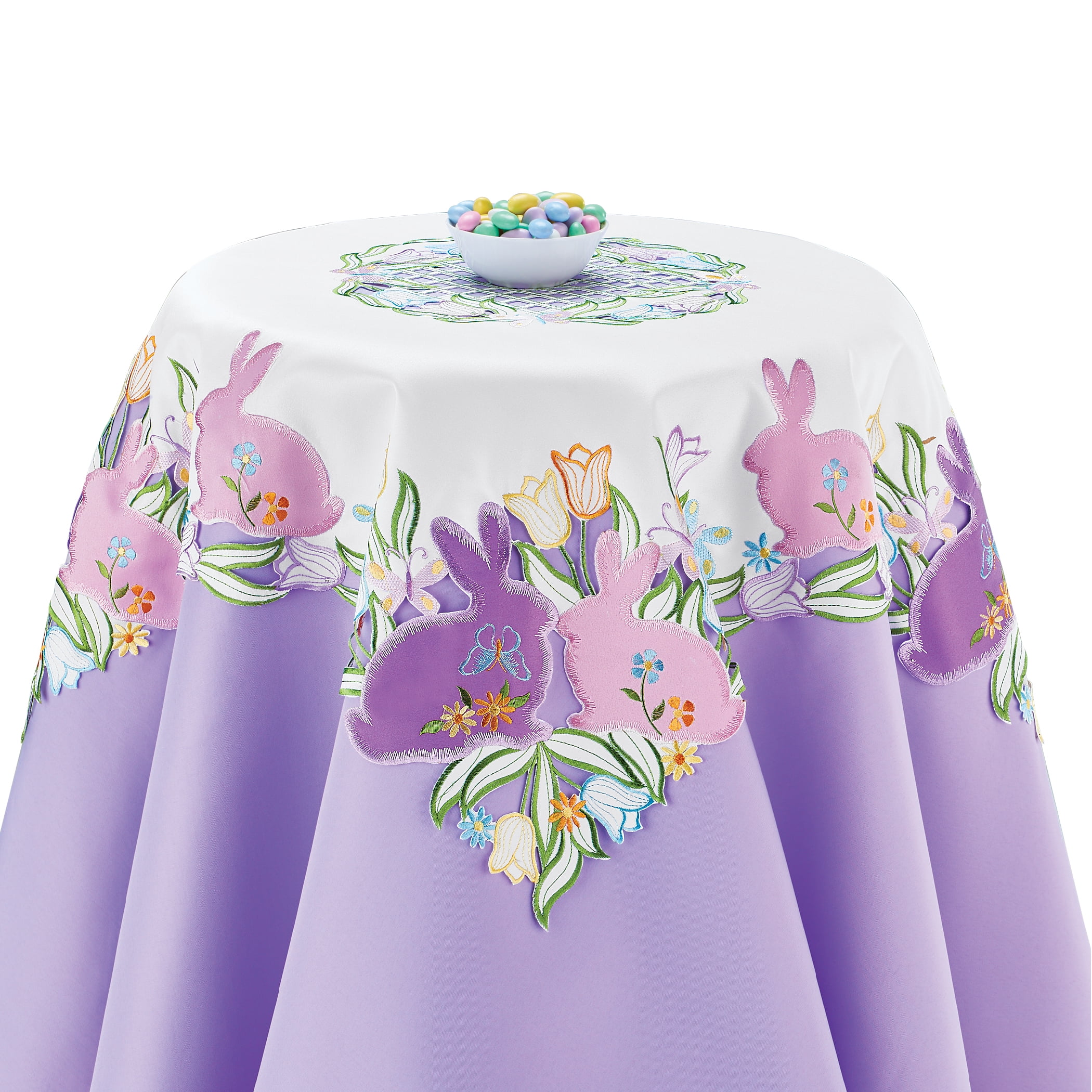 Embroidered Easter Bunny and Spring Garden Tulips Table Linens, White