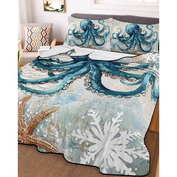 Coastal Octopus Twin XL Size Down Alternative Comforter, Lightweight Comforter Quilt Bedding Set with Pillow Shams Nautical Botanical Starfish All Seasons Bed Comforter Duvet Insert 68"x98"