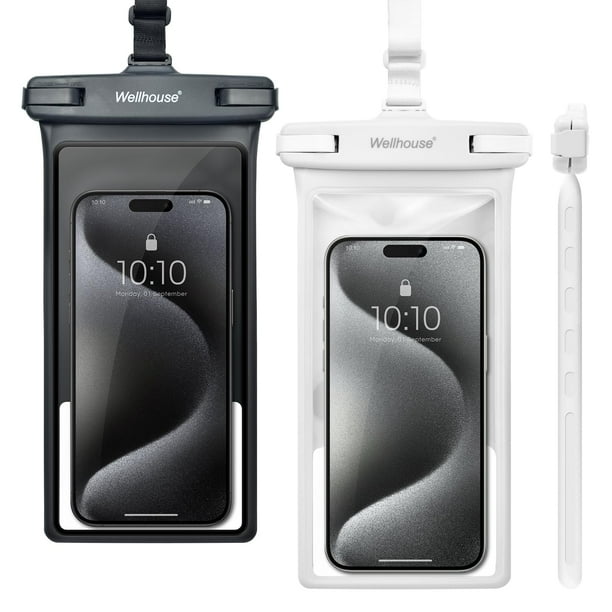 Funda impermeable para teléfono Wellhouse 8 pulgadas IPX8, paquete de 2 unidades, negro y blanco
