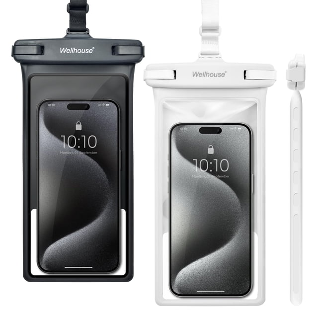 Funda impermeable para teléfono Wellhouse 8 pulgadas IPX8, paquete de 2 unidades, negro y blanco
