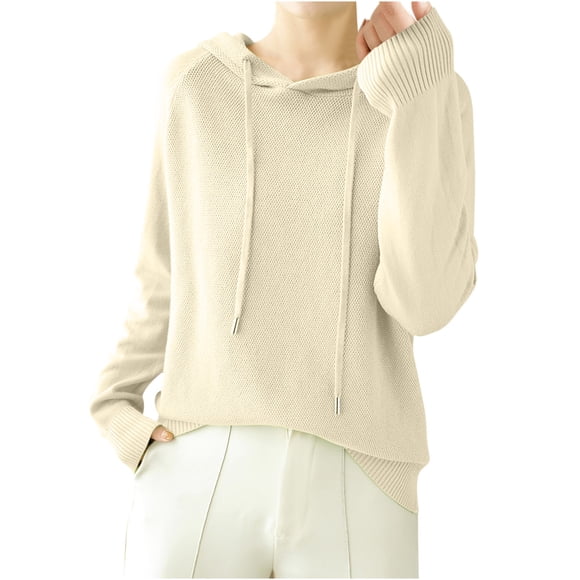Dealovy Casual Hoodies for Women Raglan Sleeve Solid Color Jacquard Loose Daily Knit Hooded Sweatshirt with Drawstring