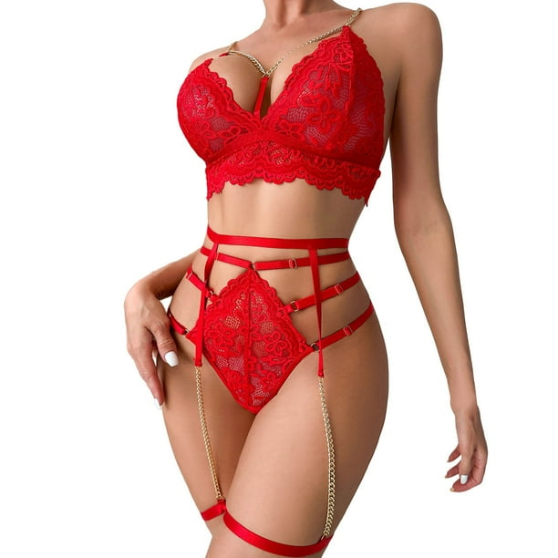 Gibobby Conjuntos de bragas de encaje Ropa Interior Divertida para Mujer Escote En V Profundo Encaje Sexy Vestido Transparente Vestido para Conjuntos De Lenceria Rojo XXG Bodega Aurrera en linea