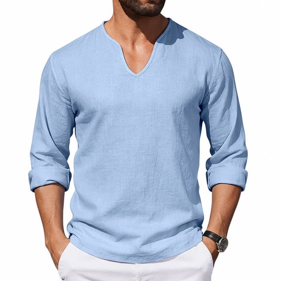 Men's Cotton Linen V Neck Shirt Casual Long Sleeve Solid Color Summer Beach Tops, 3XL