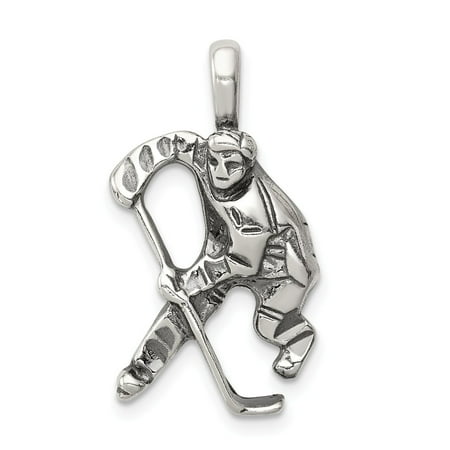 Solid 925 Sterling Silver Men's Vintage Antiqued Hockey Player Charm Pendant - 25mm x 15mm