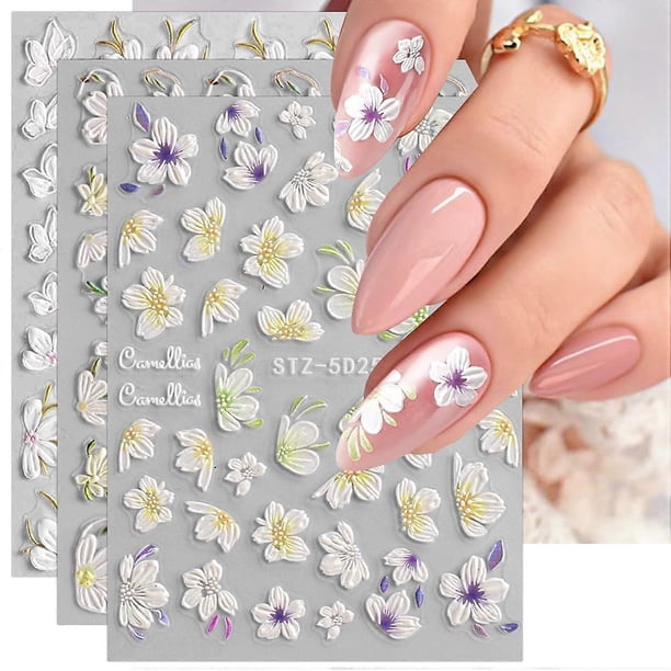 3D Embossed Spring Flower Nail Art Stickers Decals 5D Self-Adhesive Pegatinas Uas White Floral Cherry Blossoms Nail Supplies Nail 4 Sheets