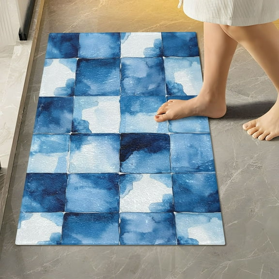 Yayeee Bath Rug for Bathroom Floor Non Slip Rectangle Fluffy Soft Absorbent Mat, 16"x24", Blue Pattern
