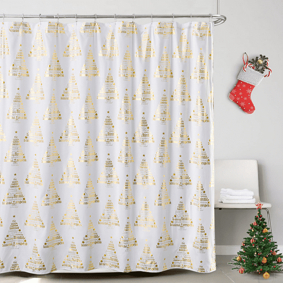 White Holiday Shower Curtain with a Gold Foil Print of a Christmas Tree, Symbolizing Peace, Love, and Joy