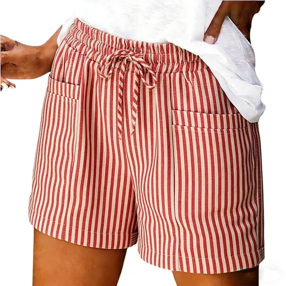 Women's Striped Drawstring Elastic Waist Straight Leg Casual Shorts, Relaxed Summer Shorts with Side Pockets for Vacation Daily Shopping Picnic XL