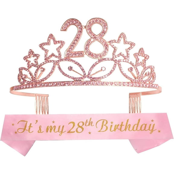 MEANT2TOBE 28th Birthday Sash and Tiara for Women - Fabulous Set: Glitter Sash   Stars Rhinestone Pink Premium Metal Tiara for Women, 28th Birthday Gifts for 28th Birthday Party