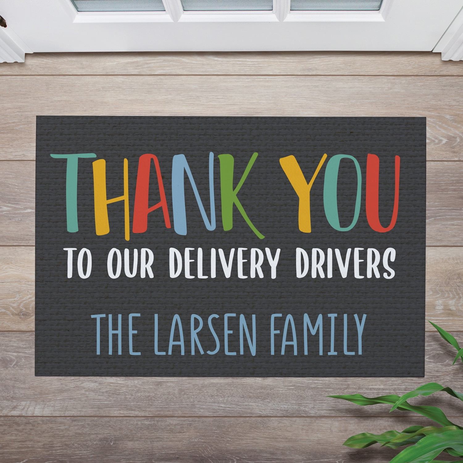 Personalized Planet 27x18 Thank You To Our Delivery Drivers Doormat with Custom Family Name Printed on Colorful Rectangular 1/8” Thick Non Slip Mat for Kitchen Hallway Deck or Porch