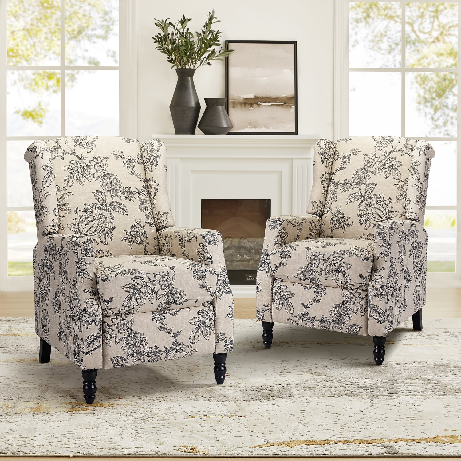 Traditional Manual Recliner Chair Push Back Upholstered Wingback Fabric Living Room Indigo
