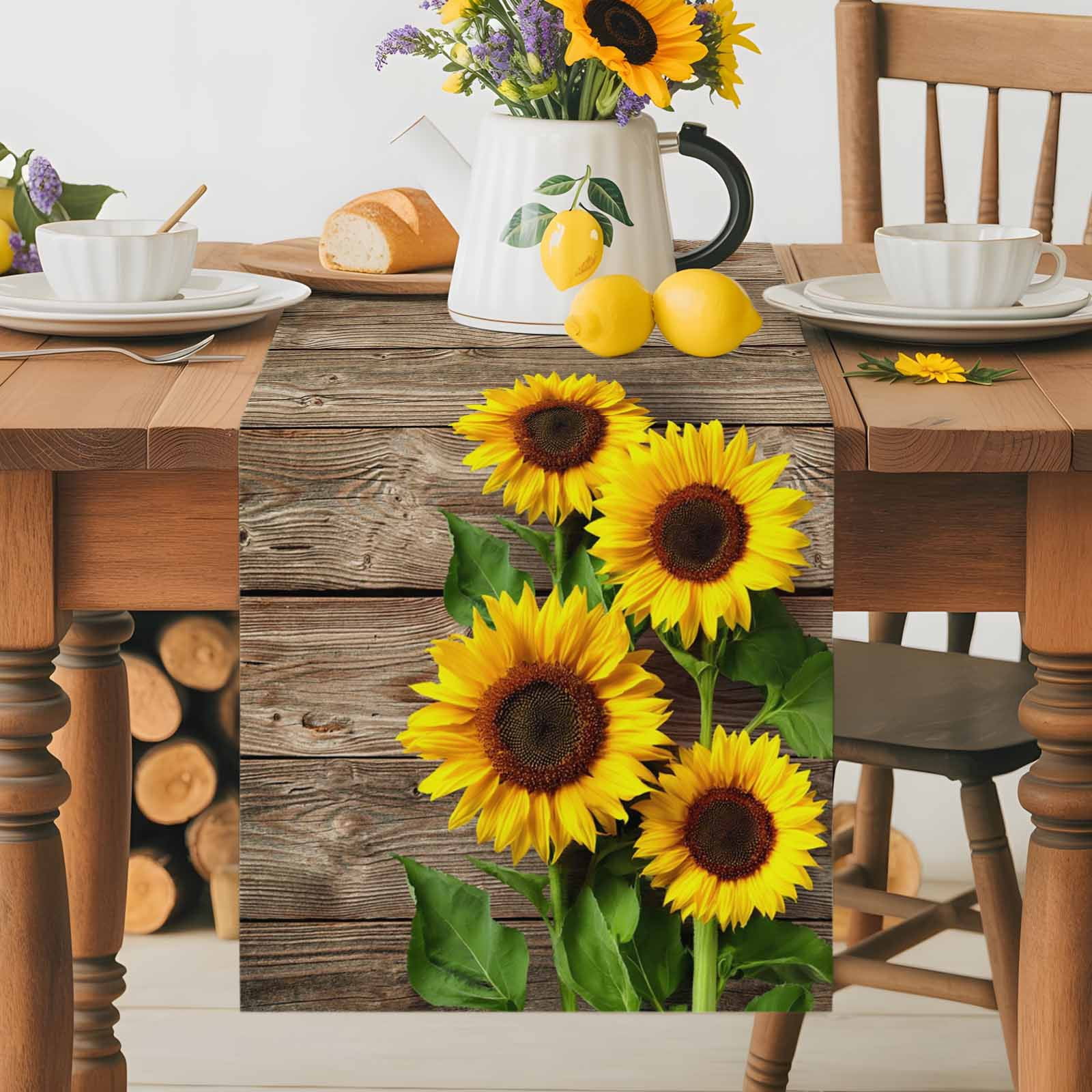 Farmhouse Sunflowers Leaves on Wood Plank Table Runner 90 Inches Long, Rural Floral Table Runners Tabletop Scarf Kitchen Dining Tables Decoration for Home Party Indoor Outdoor
