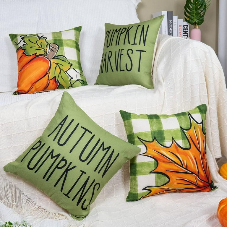 Fall Pillow Covers Green Orange Throw Pillows Cover 18x18 Set of 4 Outdoor  Fall Decorations, Pumpkin Farmhouse Pillow Case for Sofa Couch Thanksgiving  Decorations Fall Decor 