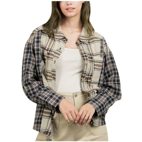 Deals JSKUAMR Vintage Plaid Patchwork Shirts Women's Long Sleeve Lapel V Neck Buttons Casual Blouses Shirt Coat Pocket White,XL