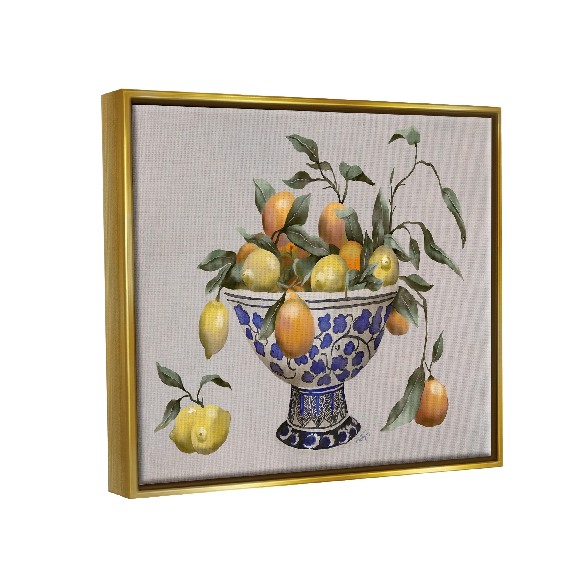 Stupell Industries Mixed Citrus Fruits Leaves Patterned Pottery Bowl Graphic Art Metallic Gold Floating Framed Canvas Print Wall Art, Design by Elizabeth Medley