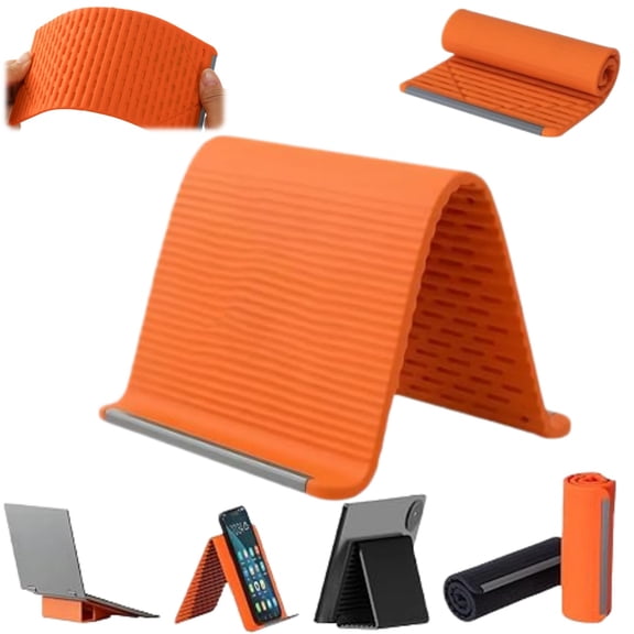 Silicone Phone Stand with Aluminum, Flexible Foldable Phone Holder, Bendable Adjustable Anti-Slip Desktop Stand for Phone Tablet Laptop, Portable Rollable Multi-Angle Stand for Home (Orange)