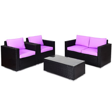 Gymax 4pc Rattan Patio Furniture Set Outdoor Wicker With Purple Cushion Walmart Canada