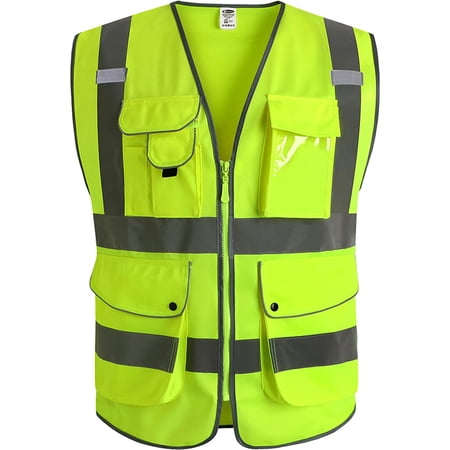JKSafety 9 Pockets Class 2 High Visibility Zipper Front Safety Vest With Reflective Strips,Meets ANSI/ISEA Standard (X-Large, Yellow) X-Large Yellow