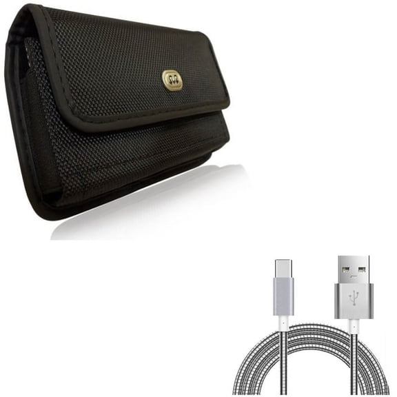 Type-C 6ft Metal USB Cable w Holster Rugged Case Belt Clip Z6V for Motorola Moto Z2 Play Z Play Droid Force Droid G7 - OnePlus 5T, 6, 6T - Razer Phone 2 - Samsung Galaxy S9 Plus, S8 , S10 Plus