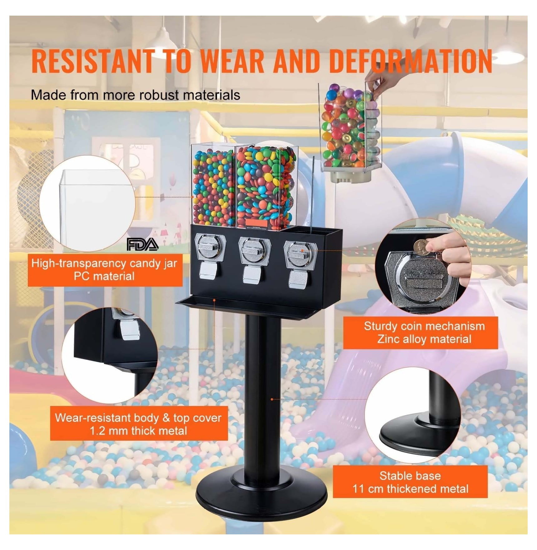 Gumball Machine with Stand - Black Vintage Candy Dispenser - 3 Slot Vending Machine - Coin Operated - 8lbs Capacity - for Restaurants, Malls, Home