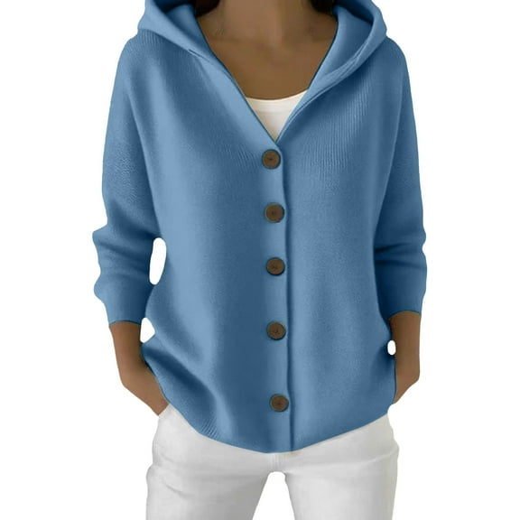 Breezora Women's Button Front Hooded Knit Cardigan Long Sleeve Comfortable Open Front Jacket L Size Blue