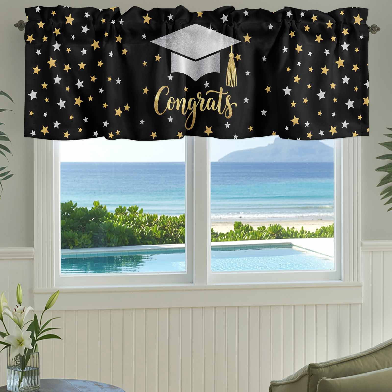 Congratulate Graduate Season Valances for Windows Graduation Hat Golden Sliver Star Black Rod Pocket Curtain Valance Window Treatment Short Curtains for Kitchen Living Room, 60"x18"