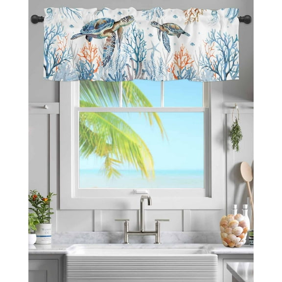Rod Pocket Window Valances Sea Turtle Blue Coral Starfish Short Kitchen Curtains Ocean Seagrass Jellyfish Window Treatment Drapes for Bedroom Bathroom Living Room 54x18In,1 Panel