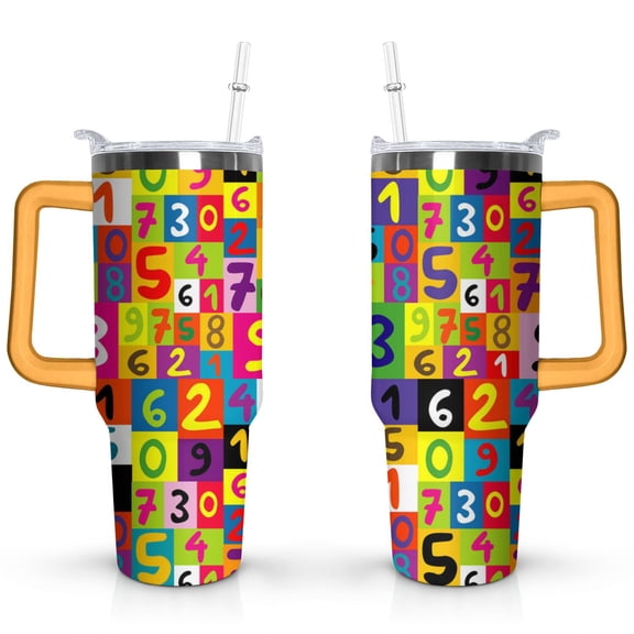 40oz Colorful Math Numbers Seamless Stainless Steel Flip Straw Tumbler Spill Proof Travel Cup Double Wall Vacuum Insulated Coffee Mug with Handle