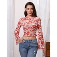 thumbnail image 6 of IDOPIP Bell Sleeve Tops for women Lettuce Trim Mock Neck Floral Mesh Top Crop T Shirt S-XL, 6 of 9