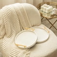 thumbnail image 4 of MODE HOME 2 Piece White Round Serving Tray with Handles, Woven-Texture Faux Leather Ottoman Tray for Living Room, Decorative Tray for Coffee Table Home Decor, 4 of 8