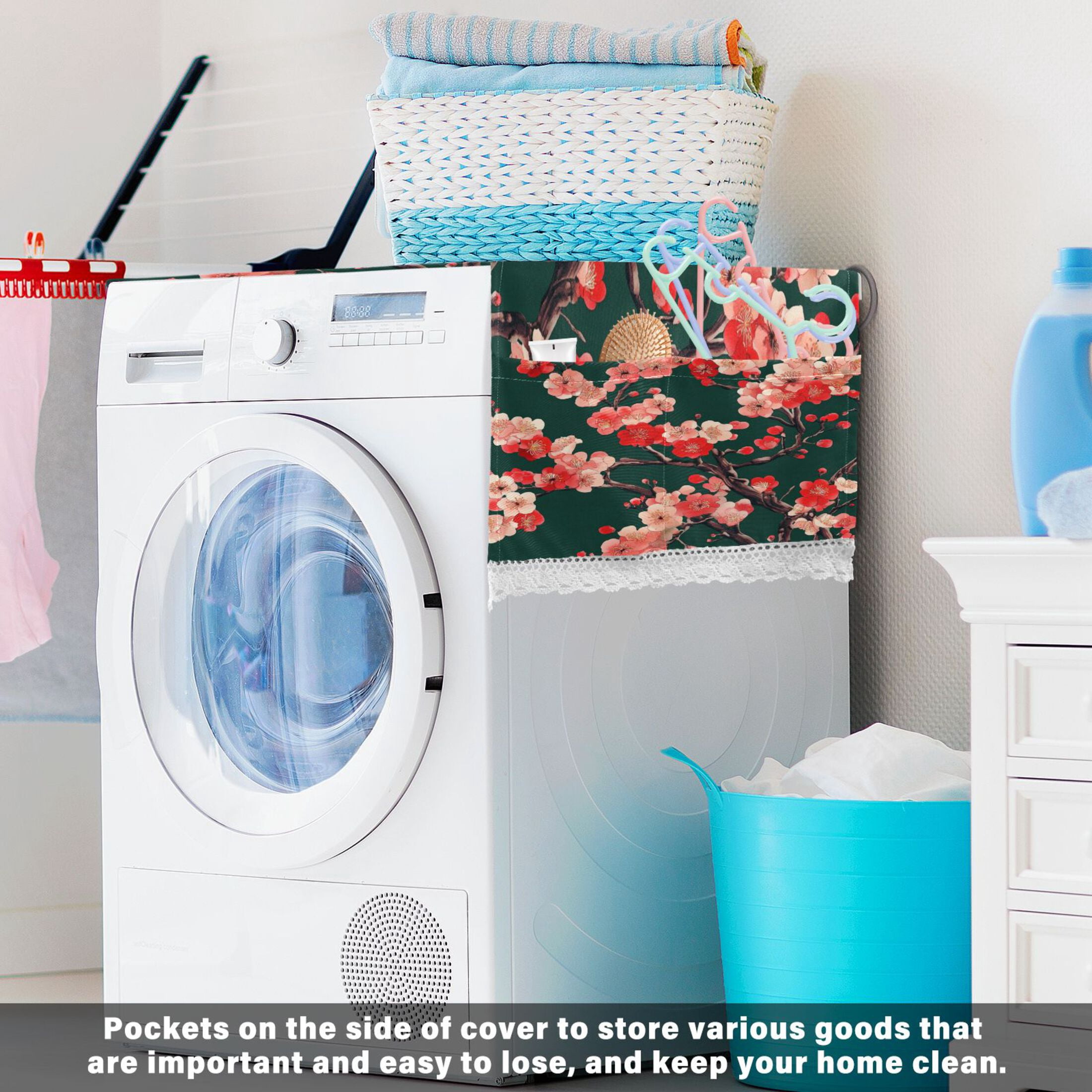 Plum BlossomWasher and Dryer Covers Dust-Proof and Oil Resistant Fridge Cover with 4 Storage Pockets Washing Machine Top Cover for Laundry Kitchen Home 51.2 x 22 In