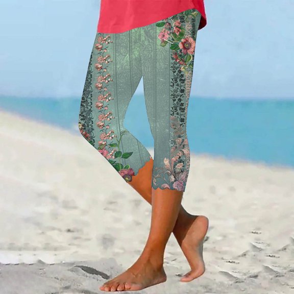 TaTaai Womens Summer High Waisted Printed Capris Slim Fit Yoga Gym Pants Stretchy Breathable Soft for Daily Workout Sport Jogging