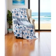 Serafina Home Decorative Home Decor Ocean Life Coastal Throw Blanket: Soft Plush Velvet Fleece Calming Hues of Blues Greens Beige on White, Accent with Shells and Geometric Stripes