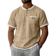 thumbnail image 3 of Cotton Linen Shirts for Men Short Sleeve Collarless Button Henley Shirt Casual Beach Oversized T-Shirts with Pockets,Khaki,3XL, 3 of 8