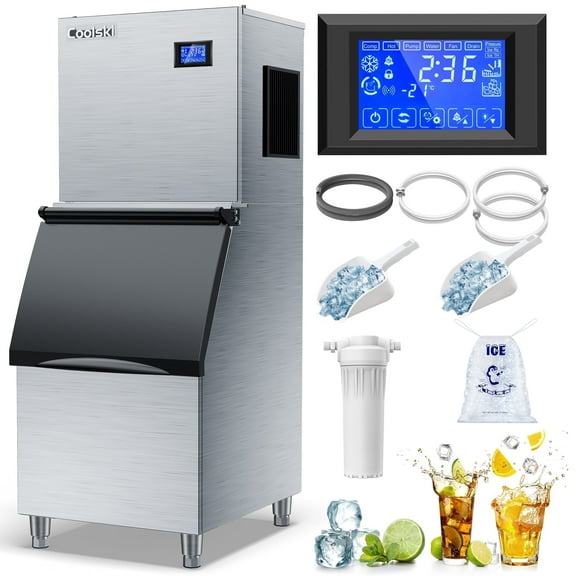 Coolski Commercial Ice Machine 350Lbs/Day, 22'' Wide Ice Maker with 300lbs Large Storage Bin, Industrial Ice Machine for Restaurants/Bars/Hotels, Ice Ready in 5-15 min, Stainless Steel