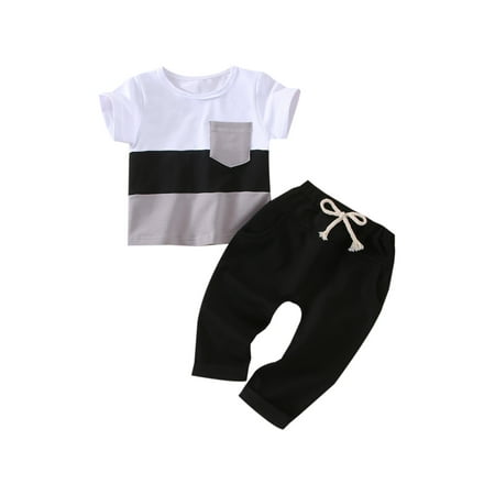 

Nokpsedcb Toddler Boys T-shirt and Trousers Set Fashion Contrast Color Short Sleeve Tops and Tie-up Long Pants Black Gray 6-12 Months