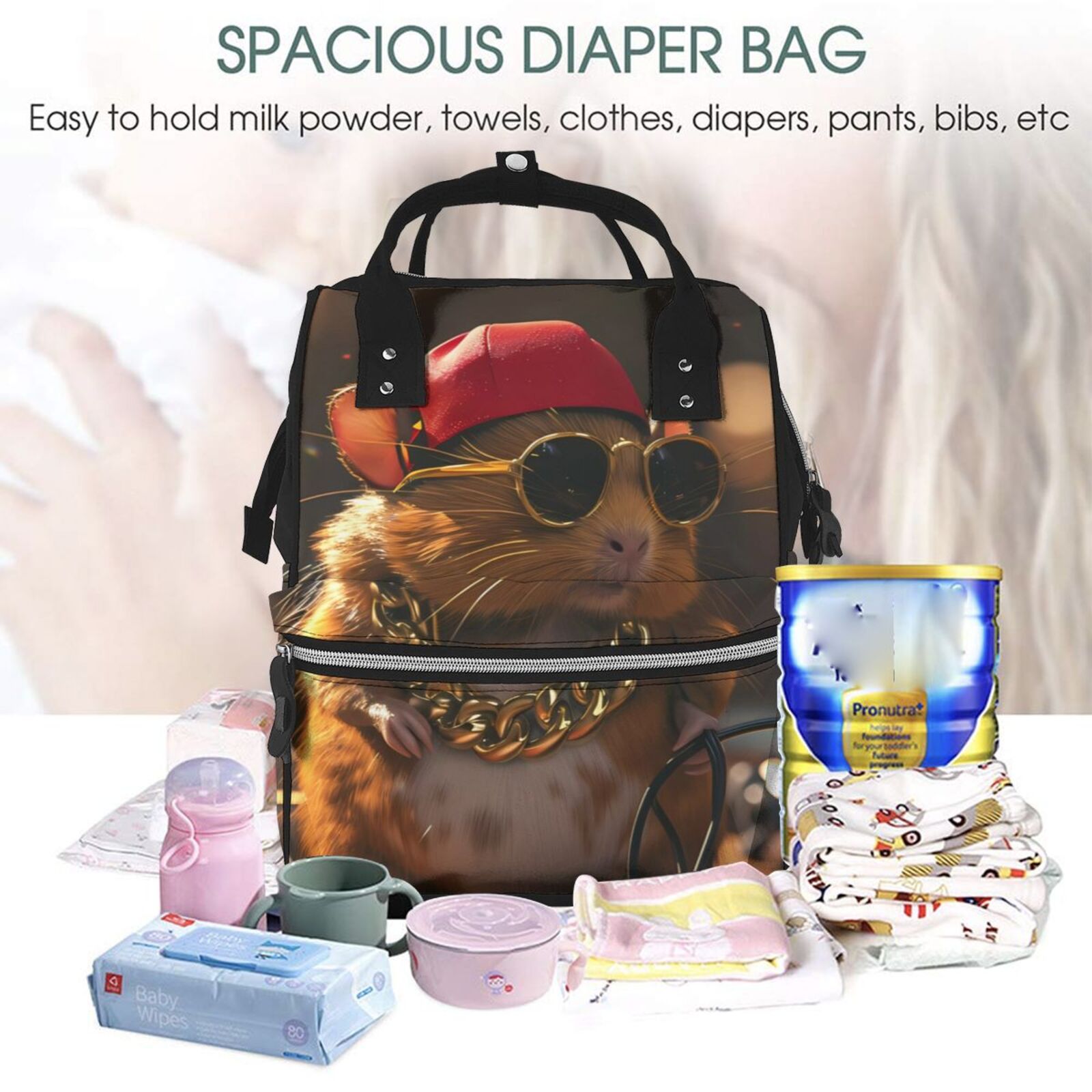 Fuzoiu Hip-Hop Guinea Pig. Print Diaper Bag Backpack,Baby Essentials Travel Tote,Multi function Waterproof Diaper Bag, Travel Essentials Baby Bag - Unisex