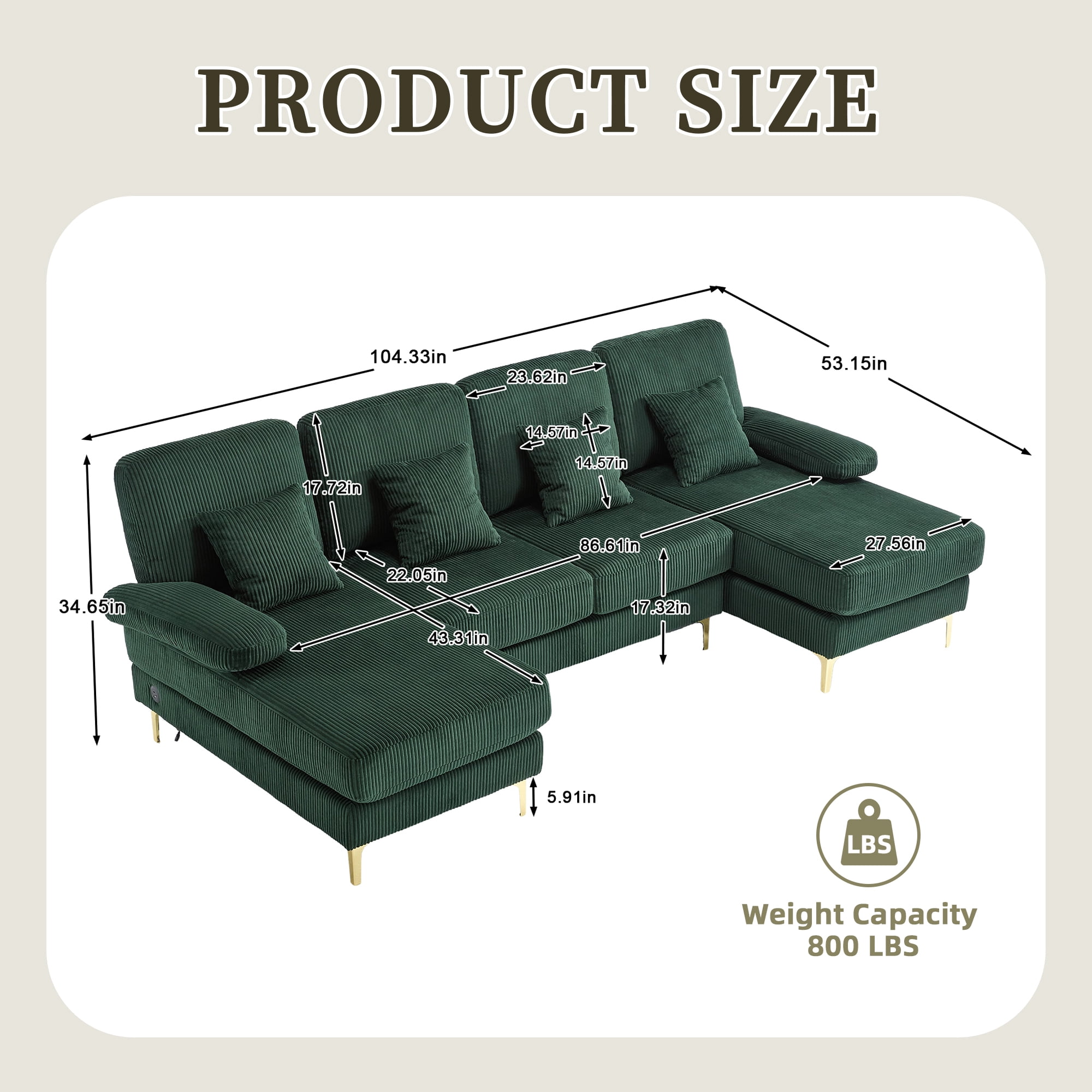 MOONMISS Corduroy Upholstered U-shaped Adjustable Light Modular Sectional Sofa With Type-C and USB ports-Emerald