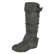 Dream Pairs Womens Wide-Calf Knee High Low Hidden Wedge Slouch Buckle Boots Ura Grey/Suede Size 9